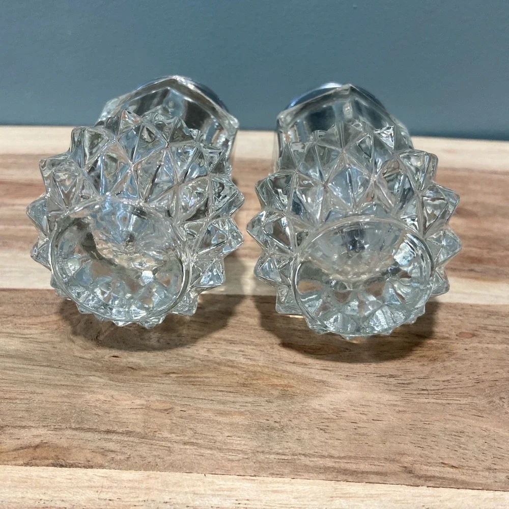 Indiana Glass Diamond Point Chrome Plated Glass Salt & Pepper Shakers 3.75